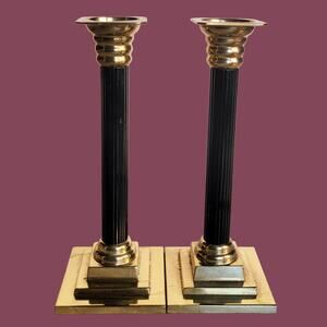 Vintage MCM/Hollywood Regency Black and Brass Column Taper Candle Holders